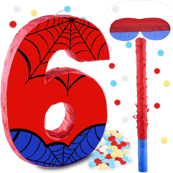 16 Inch Number 4 Spider Pinata with 16 Inch Piñata Stick Blindfold Confetti for Boy Girl Kids 4Th Birthday Party Decorations (4Th)