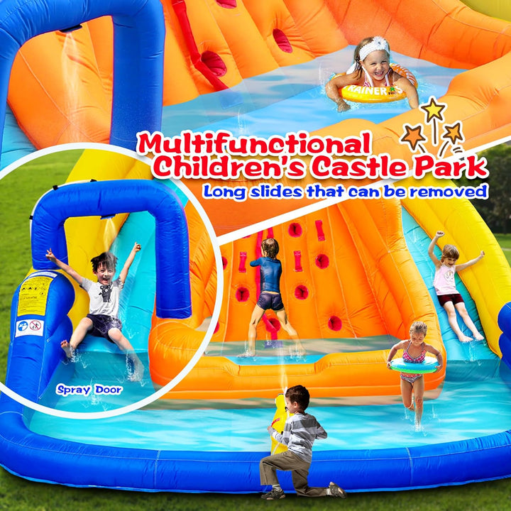Inflatable Water Slide, Bounce House with Water Bucket, Deep Pool, Climbing Wall with Rope, Bouncy Castle with Air Blower