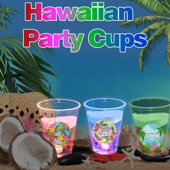 25 Light up Luau Cups for Hawaiian Moana Birthday Party Decorations - 16 OZ Glow in the Dark Plastic Tiki Party Cups for Tropical Aloha Luau Party Decor Supplies