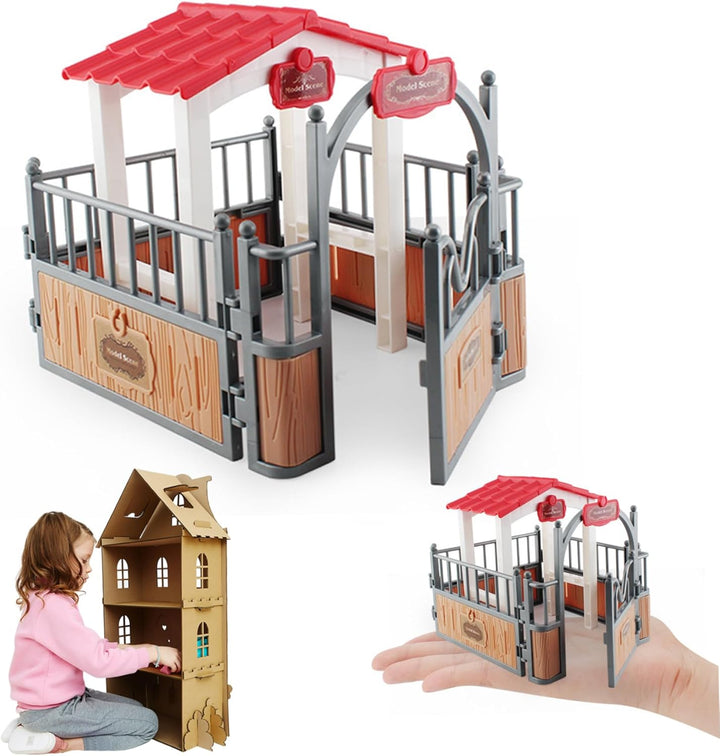 Horse Barn Playset Horse Stable Playset Pavilion 7.3X5.5X6.3'' Plastic Barn Pavilion Imaginary & Creative Educational Toys Accessories for Lovers