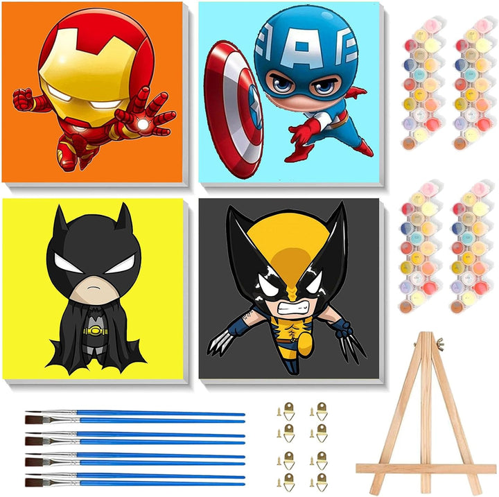 4 Pack Cartoon Paint by Number for Kids with Wooden Frame-Paint by Numbers for Kids Ages 4-8-12, DIY Paints with Numbers Easy Acrylic Oil Painting Kits for Home Wall Decor (8X8Inch)