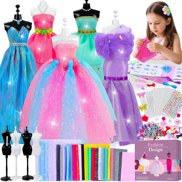 800+Pcs Fashion Designer Kit for Girls, Sewing Kit with 4 Mannequins, DIY Arts and Crafts Kit for Kids, Doll Clothes Making Kit, Girl Toys for Age 6 7 8 9 10 11 12 Year Old Gifts