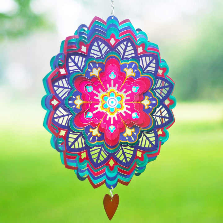 Wind Spinner - 12-Inch 3D Stainless Steel Lovebird Design with Heart Pendant - Laser Cut Metal Art Geometric Pattern - Hanging Kinetic Yard Garden Decor