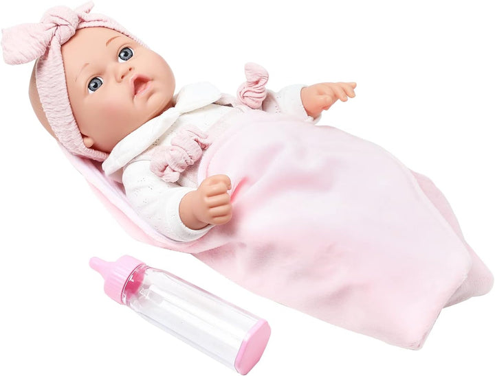 12'' Baby Doll in Gift Box with Pink Cloths, Pacifier, 13''X13'' Microfabric Blanket, and Feeding Bottle. Gift Idea for Ages 3+