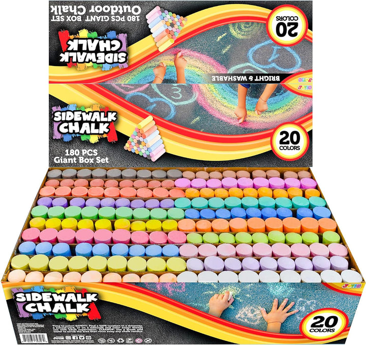 180 PCS Washable Sidewalk Chalks Set in 20 Colors Non-Toxic Jumbo Chalk for Outdoor Art Play, Painting on Chalkboard, Blackboard and Playground