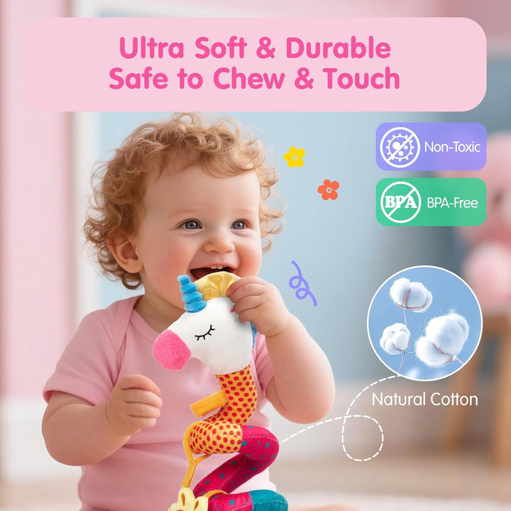 Car Seat Toys for Babies 0-6 Months Girl - Baby Toys 3-6 Months - Rattle, Mirror, Crinkle, Squeaky Carseat Stroller Toy 0-6 Months Developmental Newborn Baby Girl Birthday Gifts