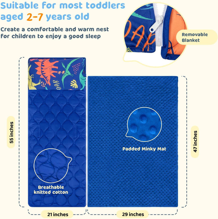 Toddler Nap Mat Extra Large 55‘’*29‘’ for 2-7 Years, Cotton Daycare Nap Mats with Removable Minky Blanket and Pillow, Boys Sleeping Mat Nap Mat for Preschool Kindergarten, Sleeping Bag Blue Dinosaur