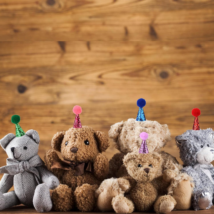 10Pcs Mini Party Hats for Stuffed Animals, Tiny Adjustable Cone Hats Dinosaur Toys Dolls Crafts with Shiny Pom Poms for Teddys Dog Cat Kids Birthday Cake Decorations Party Accessories