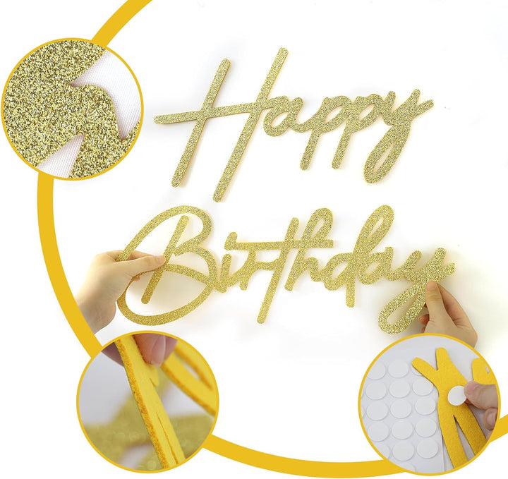 Happy Birthday Sign for Backdrop - Glitter Felt Happy Birthday Letter Sign for Balloon Arch Birthday Party Balloon Arch Backdrop Decorations for Birthday Party Baby Shower - Gold