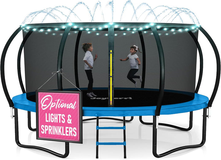 Trampoline Outdoor - ASTM Certified Safe, 8Ft, 10Ft, 12Ft, 14Ft, 15Ft, 16Ft Recreational Trampoline for Kids and Adults. Anti-Rust Coating with Enclosure Net, Ladder, Sprinkler & LED Lights