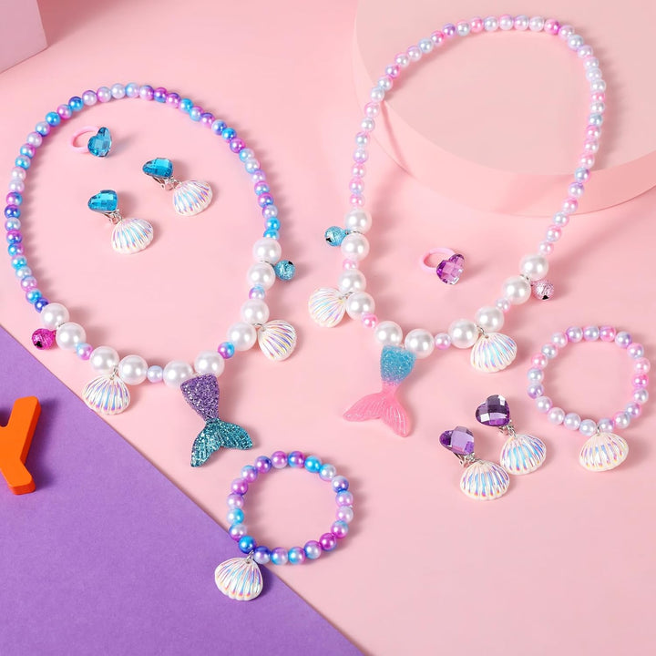 2 Sets Mermaid Jewelry Set for Girls, Princess Accessories for Dress-Up, Birthday Party & Costume Play Mermaid Necklace, Bracelet, Ring & Earrings for Girls Age 3-8