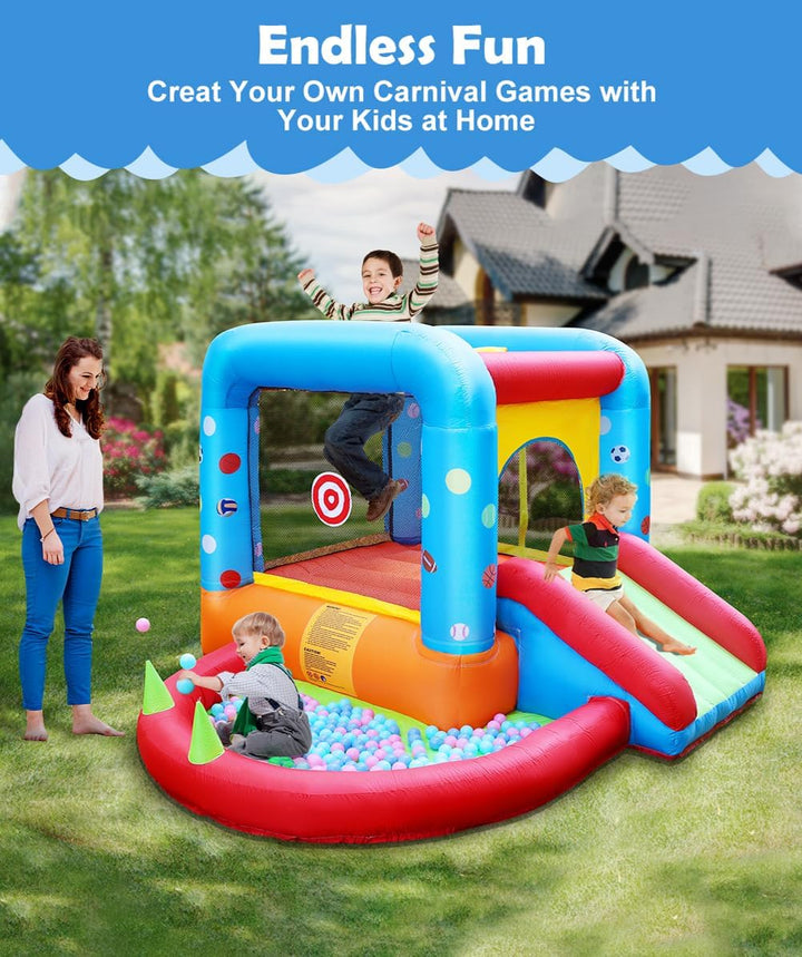 Inflatable Bounce House, Kids Castle Slide Bouncer for Children Jumping Outdoor and Indoor Party, Baby Backyard Water Jumper Toy with Blower, Ball Pit Pool, Ideal Gifts（112 X 98 X 65”）