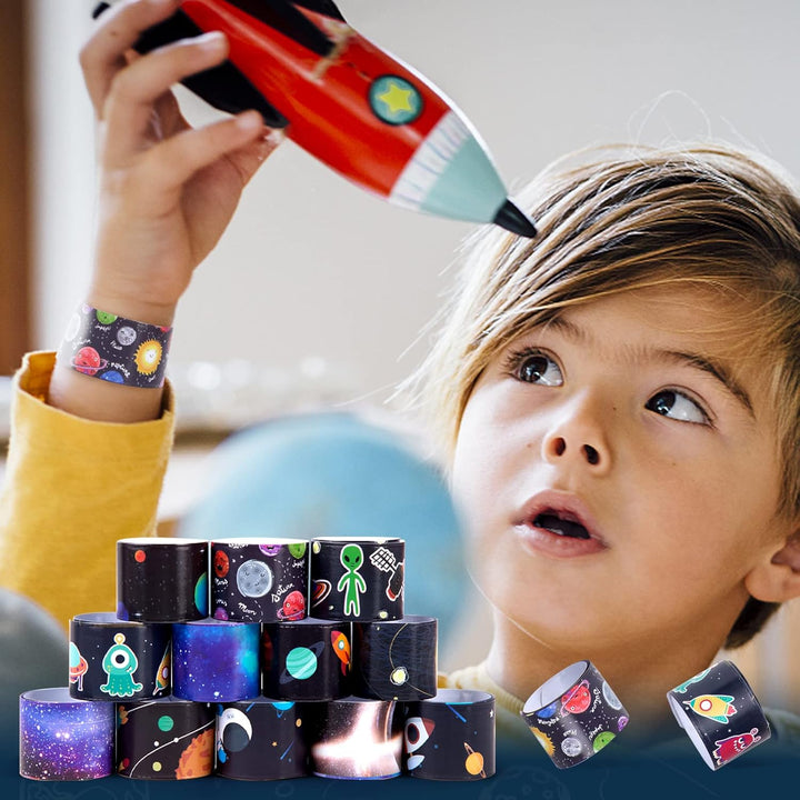 Slap Bracelets, 48PCS Kids Slap Wristbands with UFO Astronaut Space Stars Pattern Snap Bracelets for Party Favor New Year Gifts School Classroom Prize Exchange
