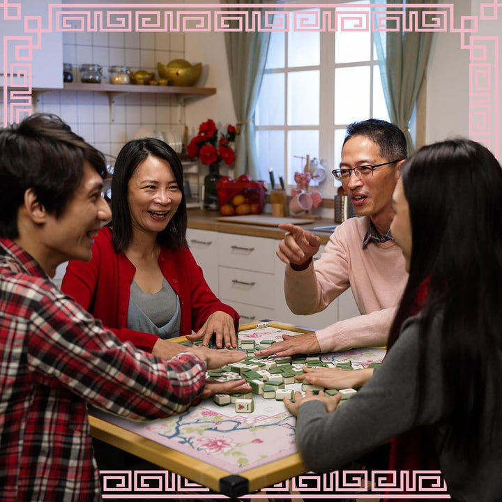 Chinoiserie Mahjong Mat with 1 Carrying Bag 31.5" X 31.5" Pink and White Rubber anti Slip and Noise Reduction Multi Purpose Game Table Cover for Mahjong, Card, Board Tile Games
