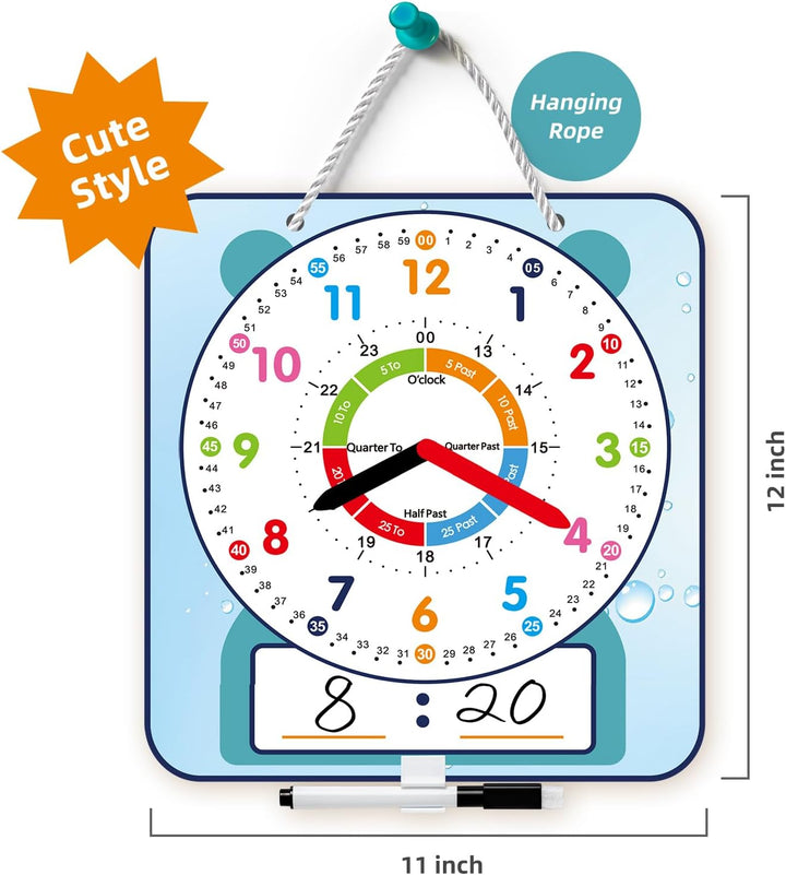 Large 12" Magnetic Writable Dry Erase Teaching Clock with Pen,Teaching Demonstration Clock for Kids Learning Time with Cute Style for Home School Classroom Supplies(12" X 11")