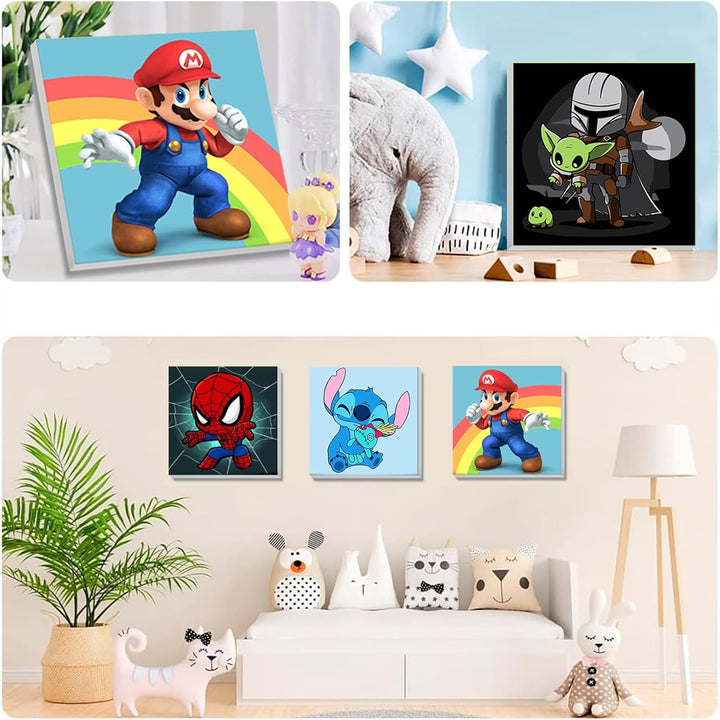 4 Pack Cartoon Paint by Number for Kids with Wooden Frame-Paint by Numbers for Kids Ages 4-8-12, DIY Paints with Numbers Easy Acrylic Oil Painting Kits for Home Wall Decor (8X8Inch)