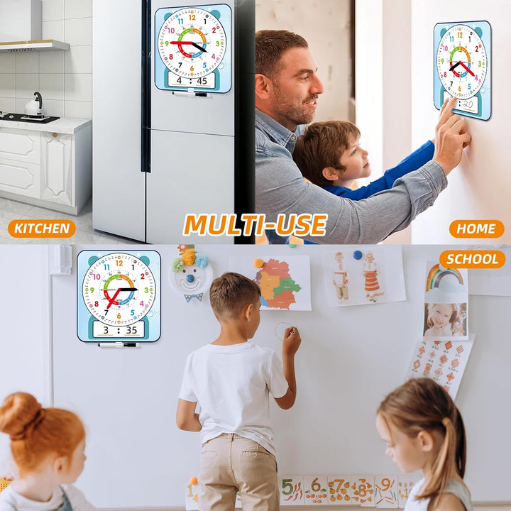 Large 12" Magnetic Writable Dry Erase Teaching Clock with Pen,Teaching Demonstration Clock for Kids Learning Time with Cute Style for Home School Classroom Supplies(12" X 11")