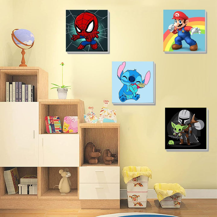 4 Pack Cartoon Paint by Number for Kids with Wooden Frame-Paint by Numbers for Kids Ages 4-8-12, DIY Paints with Numbers Easy Acrylic Oil Painting Kits for Home Wall Decor (8X8Inch)