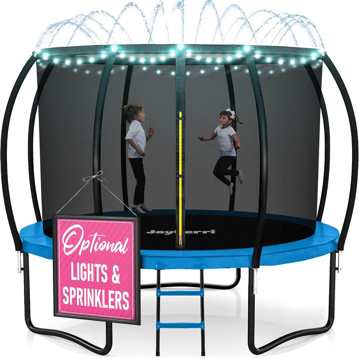 Trampoline Outdoor - ASTM Certified Safe, 8Ft, 10Ft, 12Ft, 14Ft, 15Ft, 16Ft Recreational Trampoline for Kids and Adults. Anti-Rust Coating with Enclosure Net, Ladder, Sprinkler & LED Lights