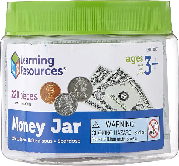 Money Jar - Play Money for Kids, Fake Bills and Coins, Pretend Play Props, Homeschool and Classroom Math and Counting Supplies, Ages 3+