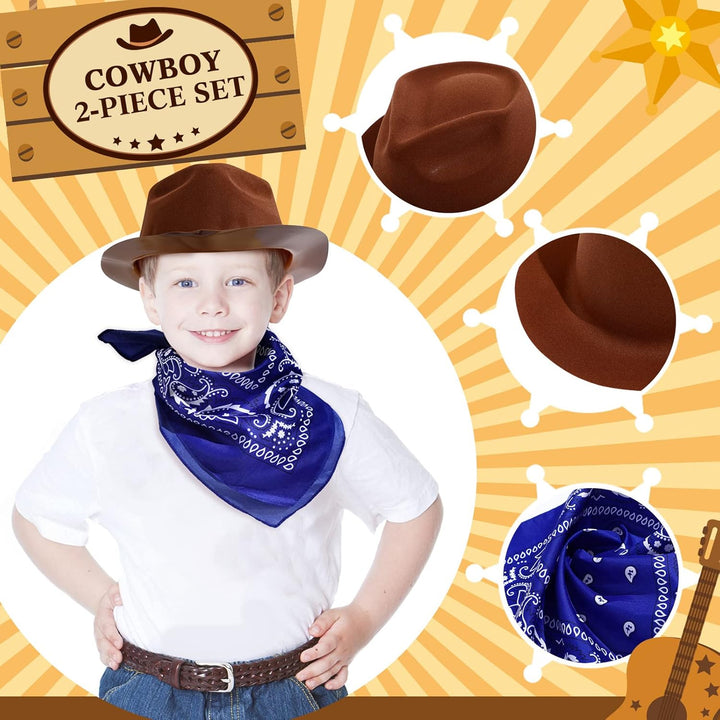 24 Pieces Western Cowboy Hat Set, Felt Cowboy Themed Party Hats with Paisley Bandanas for Kids Costume Party(Brown, Red, Blue)