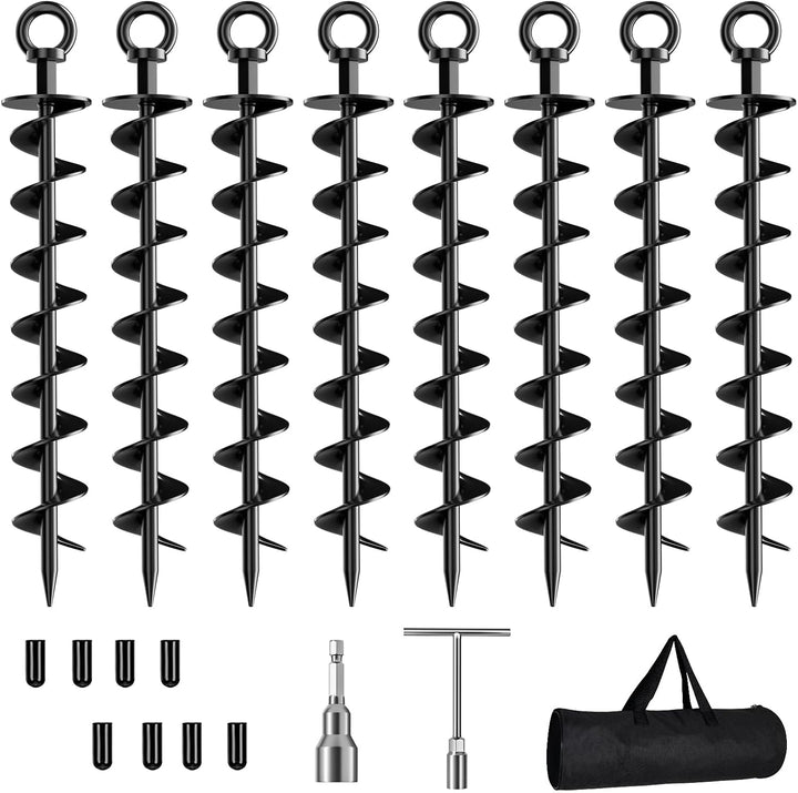 Ground Anchor Screw In, 4 Pack Spiral Trampoline Anchors with Nut and Tool Swing Set Anchors Tent Stakes High Wind Heavy Duty for Sheds, Carports, Mobile Home Orange
