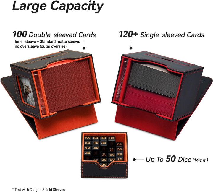 Card Deck Box for MTG Commander - Patented Design, Commander Display, Fits 100 Double-Sleeved Cards, 35Pt Card Brick & Dice Tray - Black/Red
