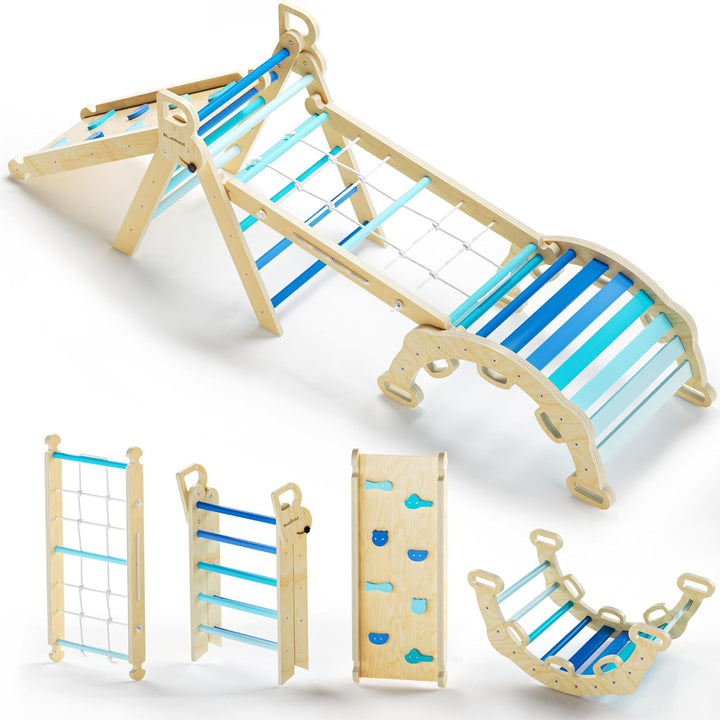 Pikler Triangle Set 7In1 Foldable Baby Climbing Toys Wooden Montessori Climbing Set with Arch&Ramp&Ladder Baby Climber Indoor Jungle Gyms for Toddlers Montessori Toys - Rainbow