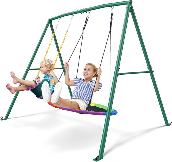440Lbs 2 Seat Swing Sets for Backyard, 1 Saucer Swing and 1 Belt Swing with Heavy Duty Outdoor A-Frame Metal Swing Stand for Playground, Playset