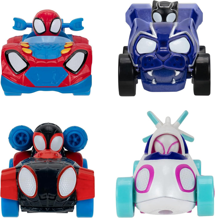 Marvel Spidey and Friends 4-Pack Die-Cast Vehicles - Includes Spidey, Ghost-Spider, Black Panther, Miles Morales - Superhero Toys for Kids 3+