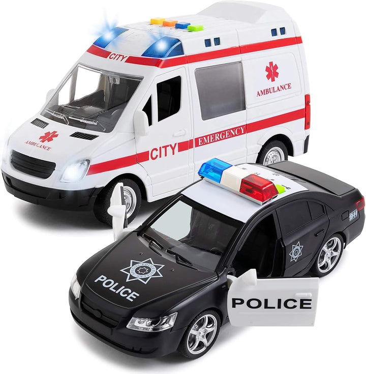 Ambulance Toy Car with Light & Siren Sound Effects - Friction Powered Wheels & LED Lights - Medical Transport Emergency Vehicle, Heavy Duty Plastic Rescue Vehicle Toy for Kids & Children