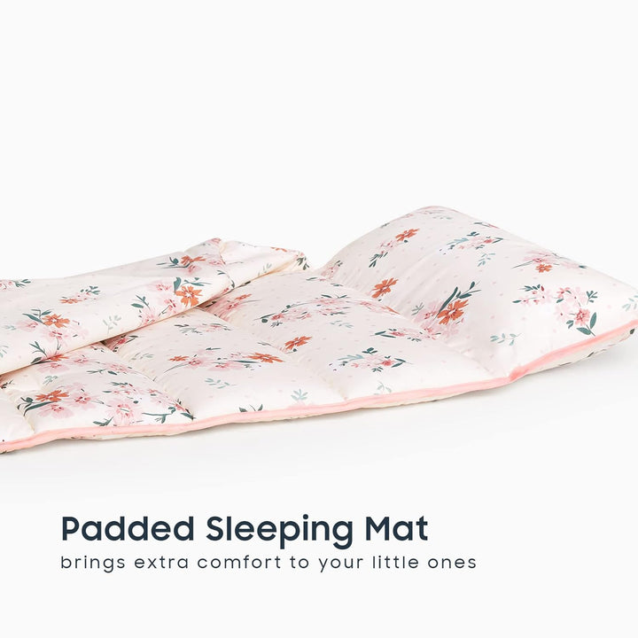 - Toddler Nap Mat with Pillow and Blanket, 100% Cotton Fabric, for Kids Girls in Daycare Kindergarten Preschool, Floral Botanical Flowers, Light Pink, Standard