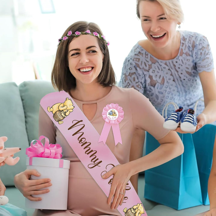 Winnie Baby Shower Sash Mom to Be Sash and Dad to Be Pin Flower Crown for Gender Reveals Party Classic Baby Shower Girls Pregnancy Props Gift