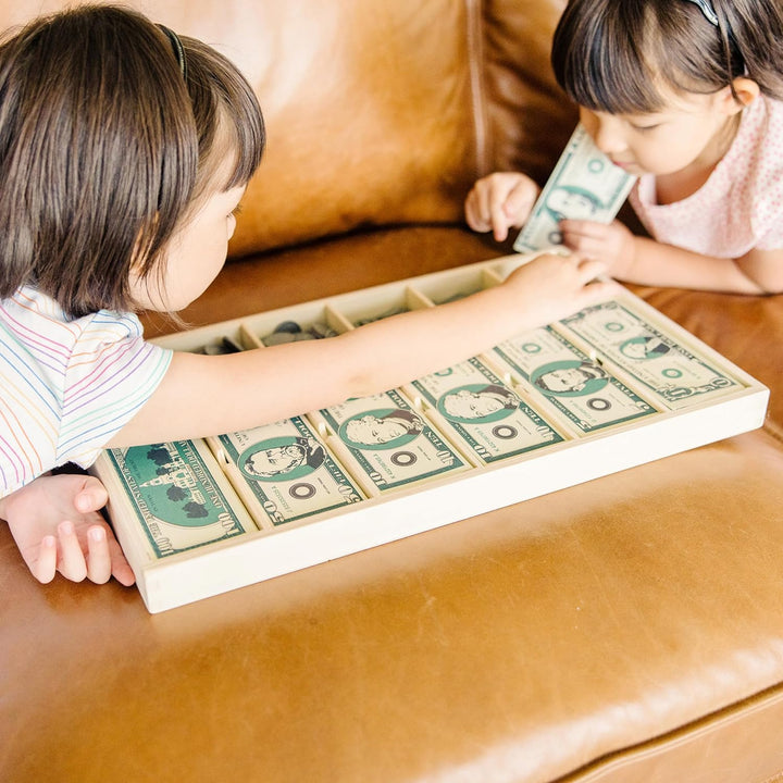 Play Money Set - Educational Toy with Paper Bills and Plastic Coins (50 of Each Denomination) and Wooden Cash Drawer for Storage