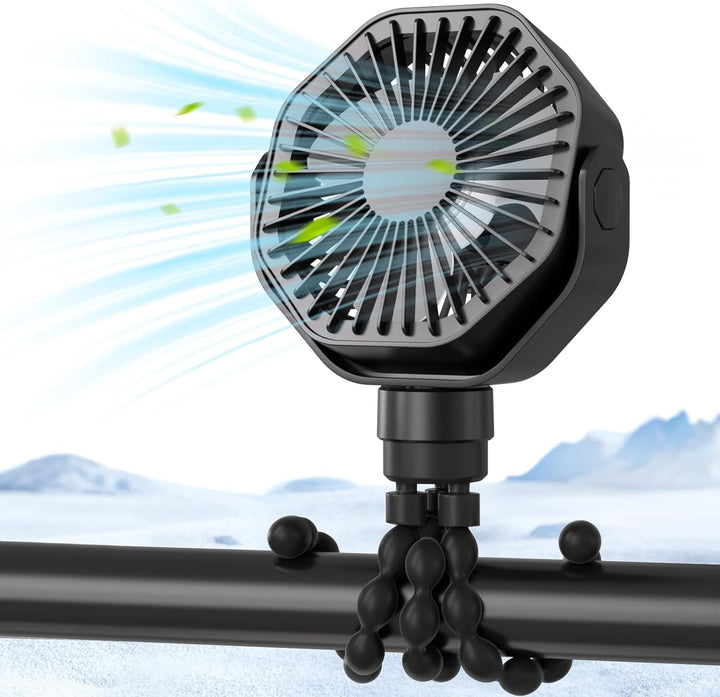 Portable Stroller Fan with Flexible Tripod, 3 Speeds Rechargeable Handheld Personal Fan, 360 Rotate Battery Operated Clip on Fans for Car Seat Crib Bike Treadmill Black