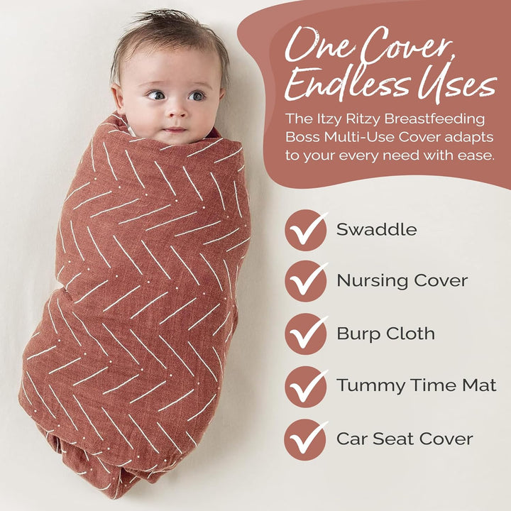 Breastfeeding Boss Multi-Use Cover – a Nursing Cover, Swaddle, Car Seat, Tummy Time Mat & Burp Cloth All in One – Made of Soft Muslin Fabric & Measures 47” X 47” (Mudcloth)
