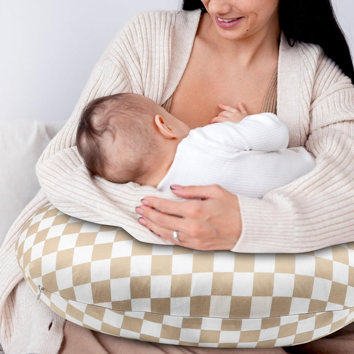 Nursing Pillow Cover, Stretchy Removable Case for Breastfeeding Pillows, Ultra Soft Comfortable Slipcover for Baby Girl and Boy, Light Brown Checkerboard