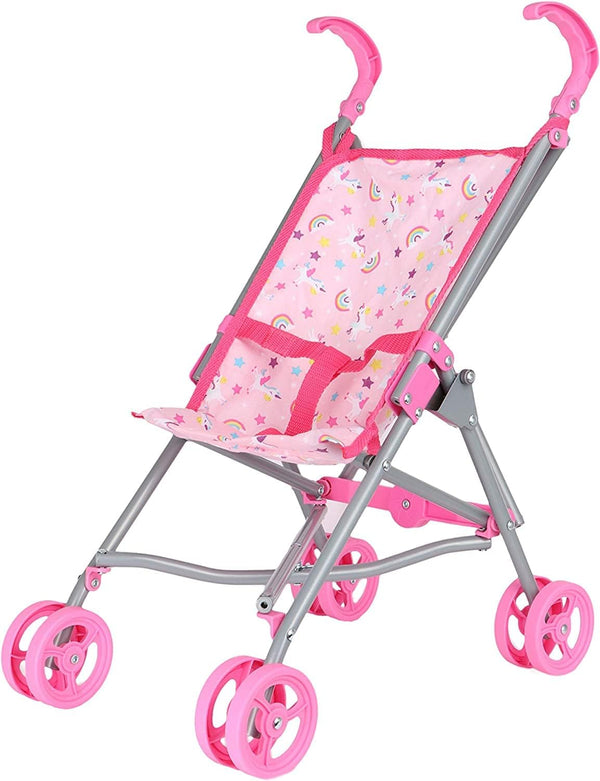 , Doll Stroller - Metal Fold up and down Umbrella Stroller for Realistic Pretend Play, Pink - 23”