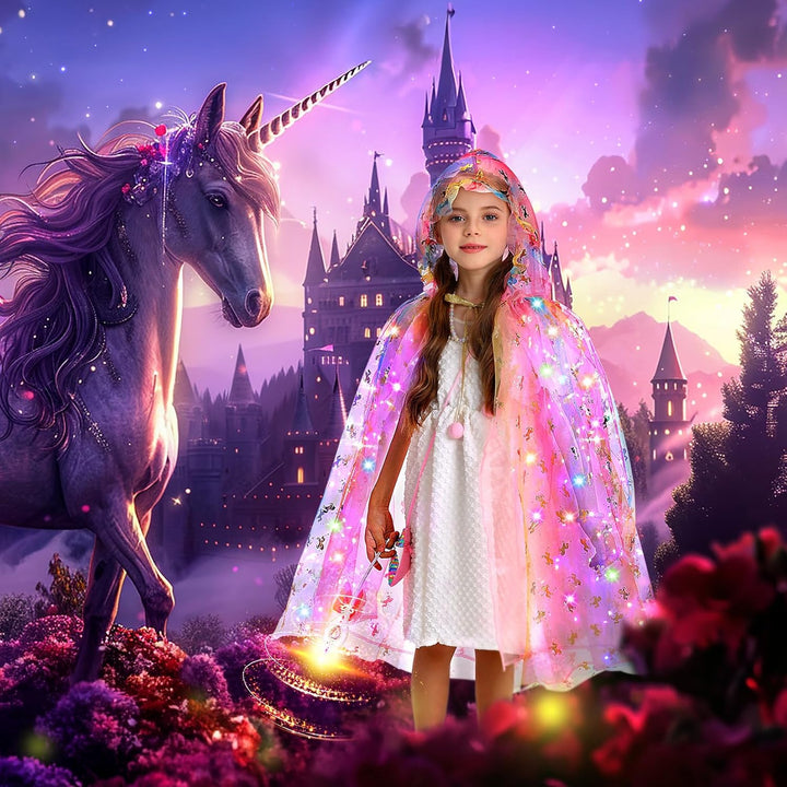 Princess Dress up for Girls,Unicorn Light up Princess Cape Set,Light up Princess Dress with Unicorn Toys for Girls 3-8 Halloween