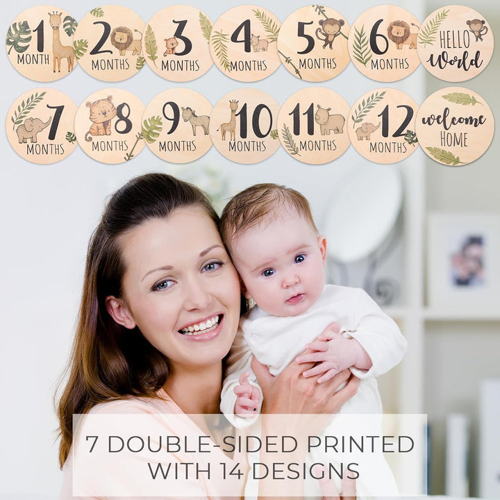 Baby Monthly Milestone Cards Sign - 7 Double Sided Animals Marker Wooden Circles Discs Newborn Photography Prop, Pregnancy Journey Birth Announcement Sign Baby Boy and Girl Gift Sets