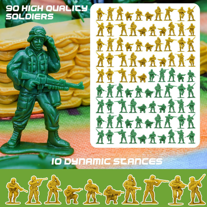 Army Men Playset with Plastic Army Men Action Figures, Military Toys with Mat, Toy Soldiers for Boys with Green Tanks, Army Toys for Boys Age 4-8-12