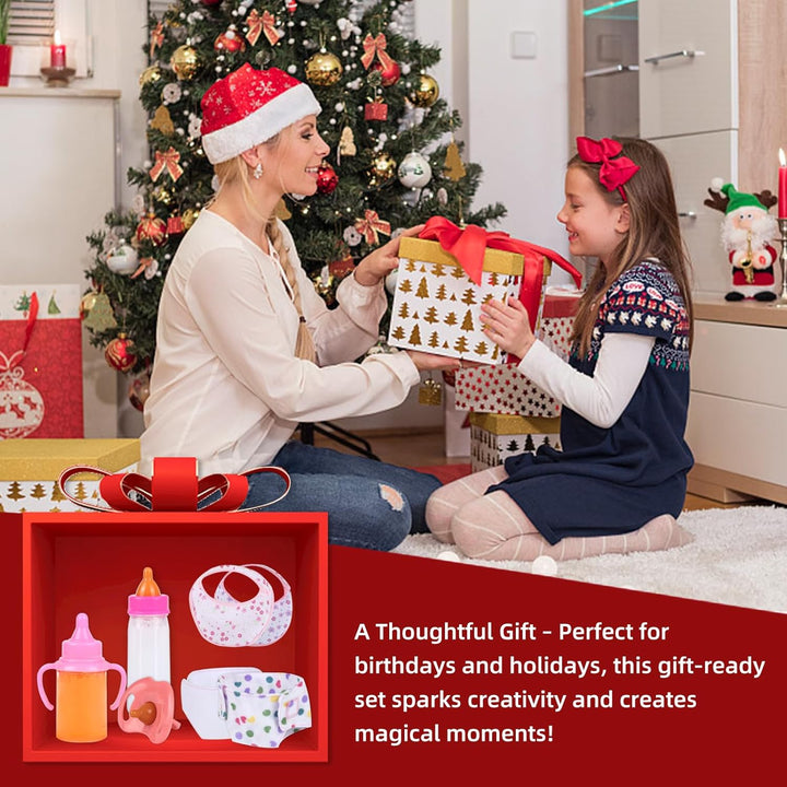 Baby Doll Accessories Set – 7 Pcs Feeding and Caring Set with Magic Disappearing Bottles, Pacifier, Diapers and Bibs Doll Pretend Play Gift for Kids