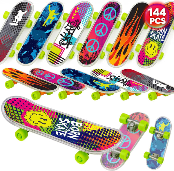 Mini Finger Skateboards for Kids (Bulk Pack of 144) Durable Finger Boards in Assorted Designs, 2 Inch Fingerboard Skateboard Party Favors, Goody Bag Fillers