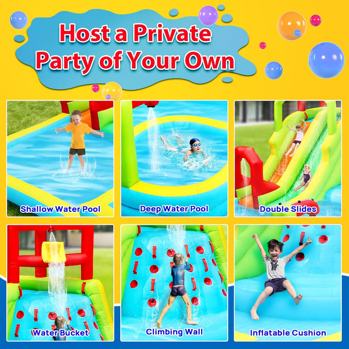 Inflatable Water Slide Park, Bouncy Castle with Deep Pool, 3 Inflatable Sport Balls and 4 Water Guns, Jumping Castle with Air Blower