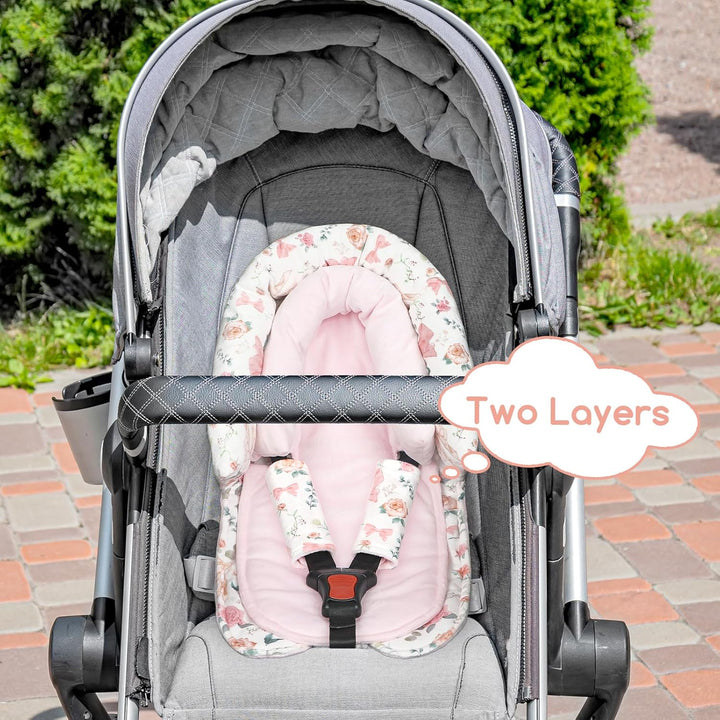 Baby Car Seat Head Support for Newborn,  2 in 1 Infant Car Seat Head Body Support with Strap Pads, Soft Stroller Cushion Pillow Insert for Girls, Fits for Stroller, Swing, Pink Floral