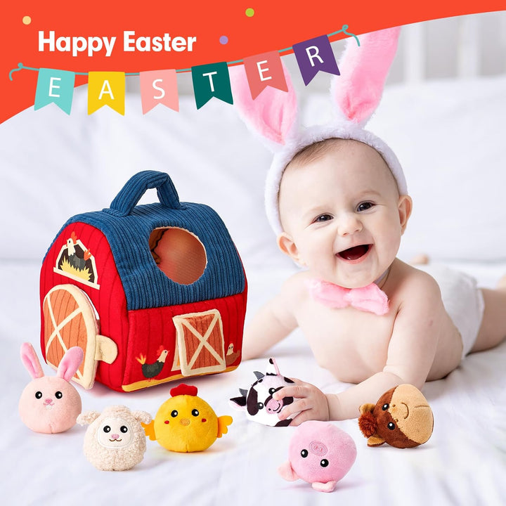 Baby Toys 6-12 Months - Surprise Barn with Stuffed Farm Animals, Rattle, Crinkle Paper, Mirror - Montessori Toys for 6 Month Old Babies, Sensory Balls Toddlers 1-3, 1 Year Old Boy Girl Gifts
