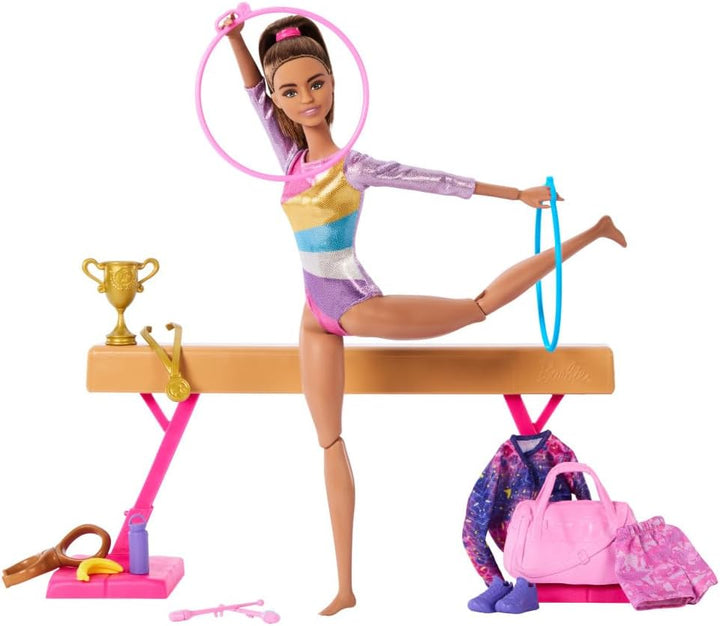Careers Playset, Gymnastics Set with Blonde Gymnast Fashion Doll, C-Clip for Flipping Action, Balance Beam, Warm-Up Suit & Accessories