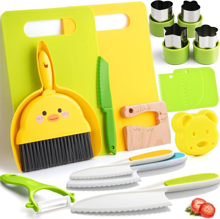 13 Pieces Montessori Kitchen Toys for Toddlers-Kids Cooking Sets Real-Toddler Toys Set for Real Cooking with Plastic Children Safe Knives Crinkle Cutter Kids Cutting Board