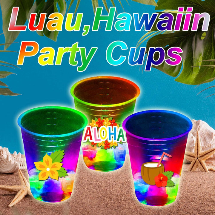 24 Pcs Glow Hawaiian Luau Party Cups, Flashing Tiki Party Cups, Tropical Luau Party Decorations Hawaiian Party Supplies Favor (16Oz)