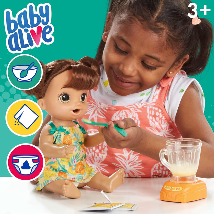 Magical Mixer Baby Doll Tropical Treat with Blender Accessories, Drinks, Wets, Eats, Brown Hair Toy for Kids Ages 3 and Up